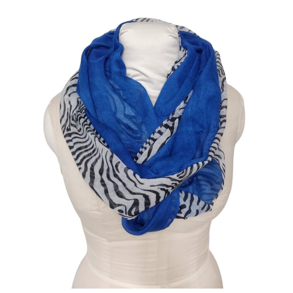 Infinity Scarf Bright Blue with Zebra Print Band Lightweight Soft Animal Print